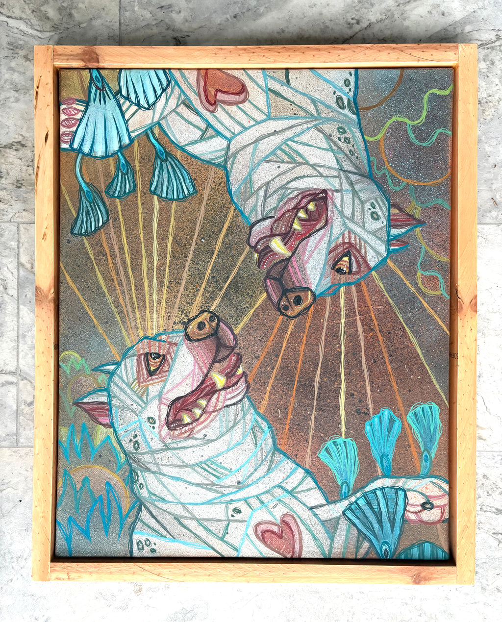 Framed artwork of a stylized put bull dog with abstract elements painting by ash lethal