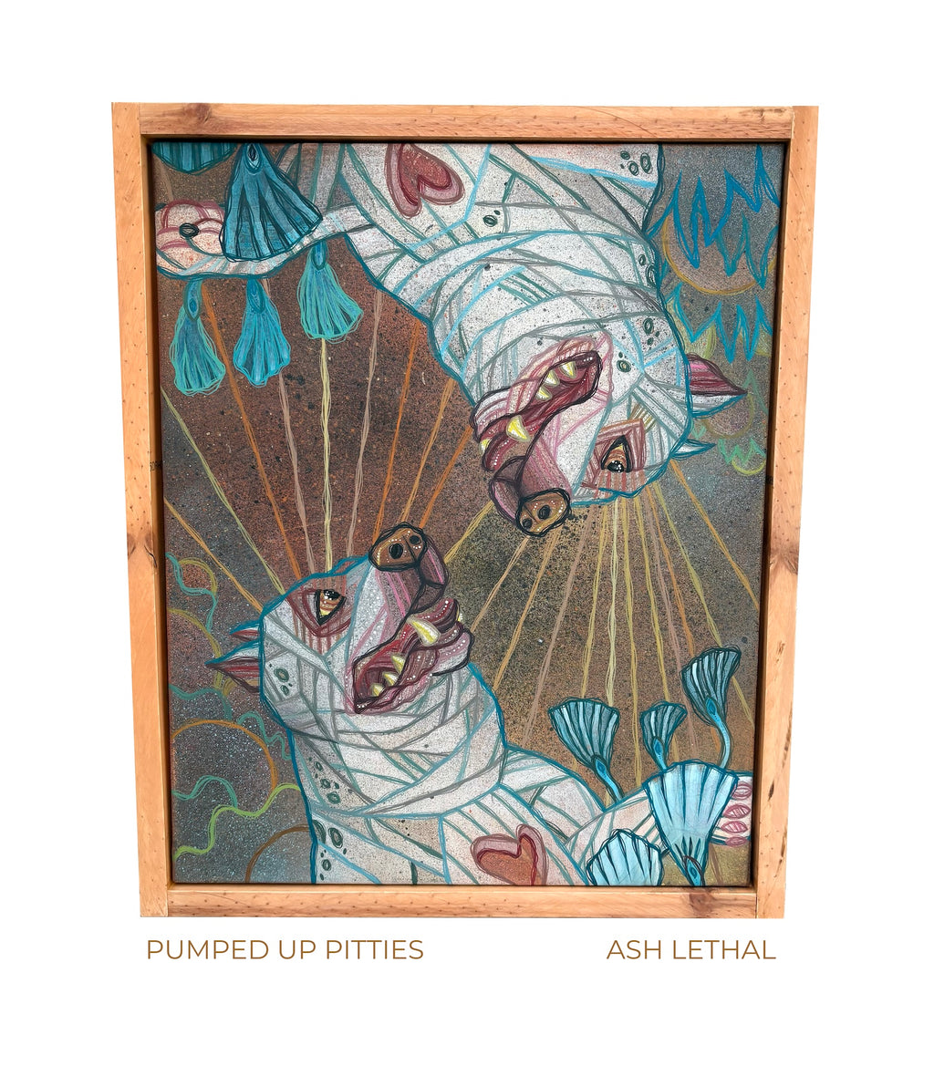 Framed artwork titled 'Pumped Up Pitties' by Ash Lethal with a colorful depiction tow white pitfalls dogs floating in surreal space landscape