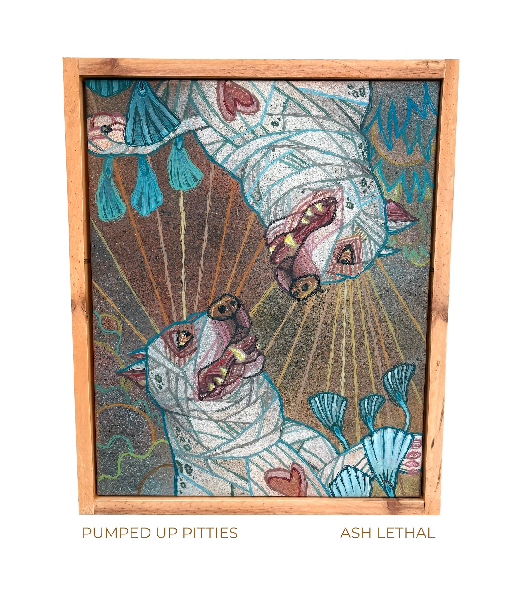 Framed artwork titled 'Pumped Up Pitties' by Ash Lethal with a colorful depiction tow white pitfalls dogs floating in surreal space landscape