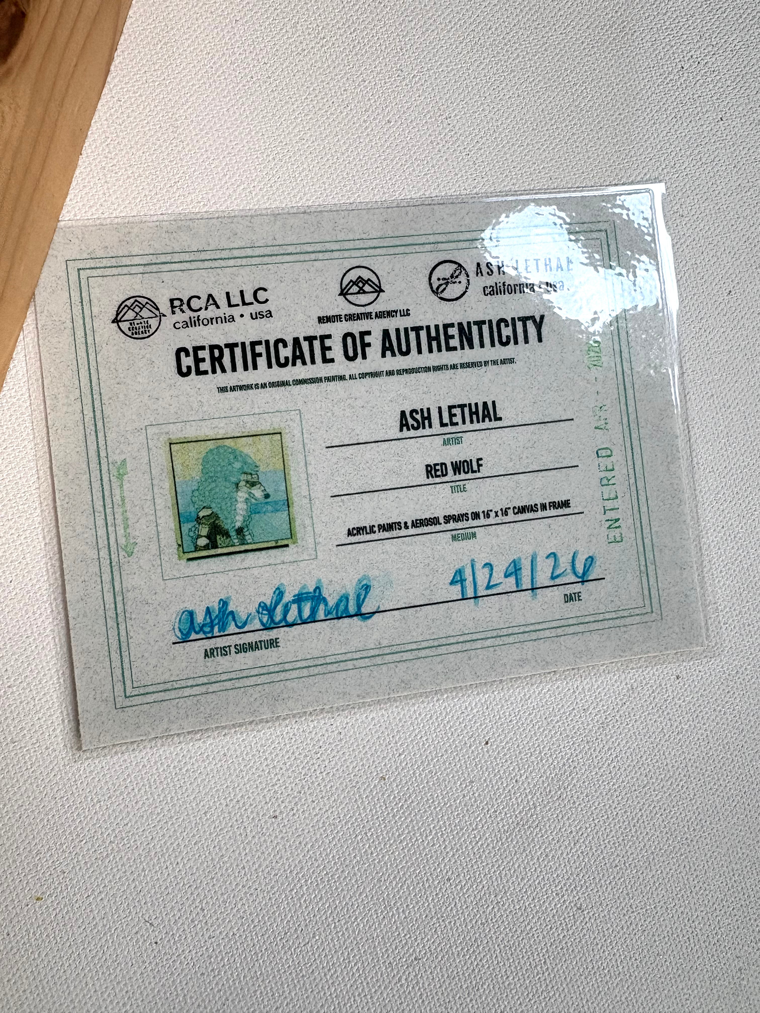 Certificate of Authenticity for an artwork by Ash Lethal on a light gray surface.