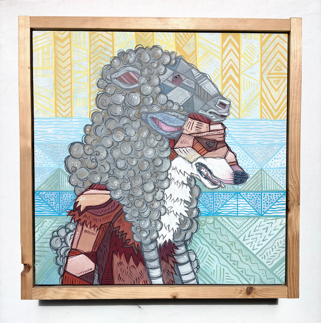 Framed artwork of a stylized wolf man in sheep clothing with geometric patterns on a white background