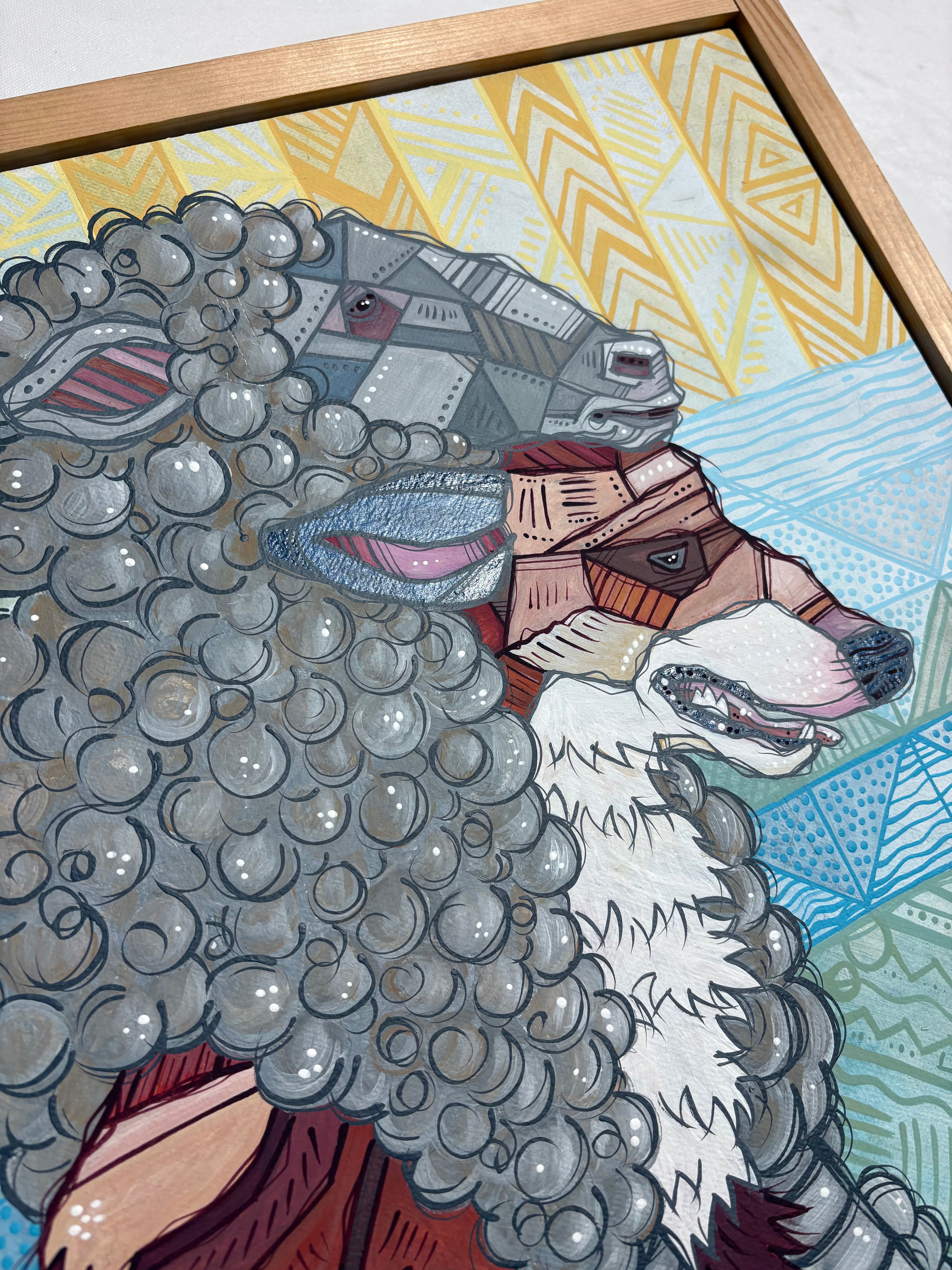 Illustration of a wolf man character with a textured sheep head coat by ash lethal
