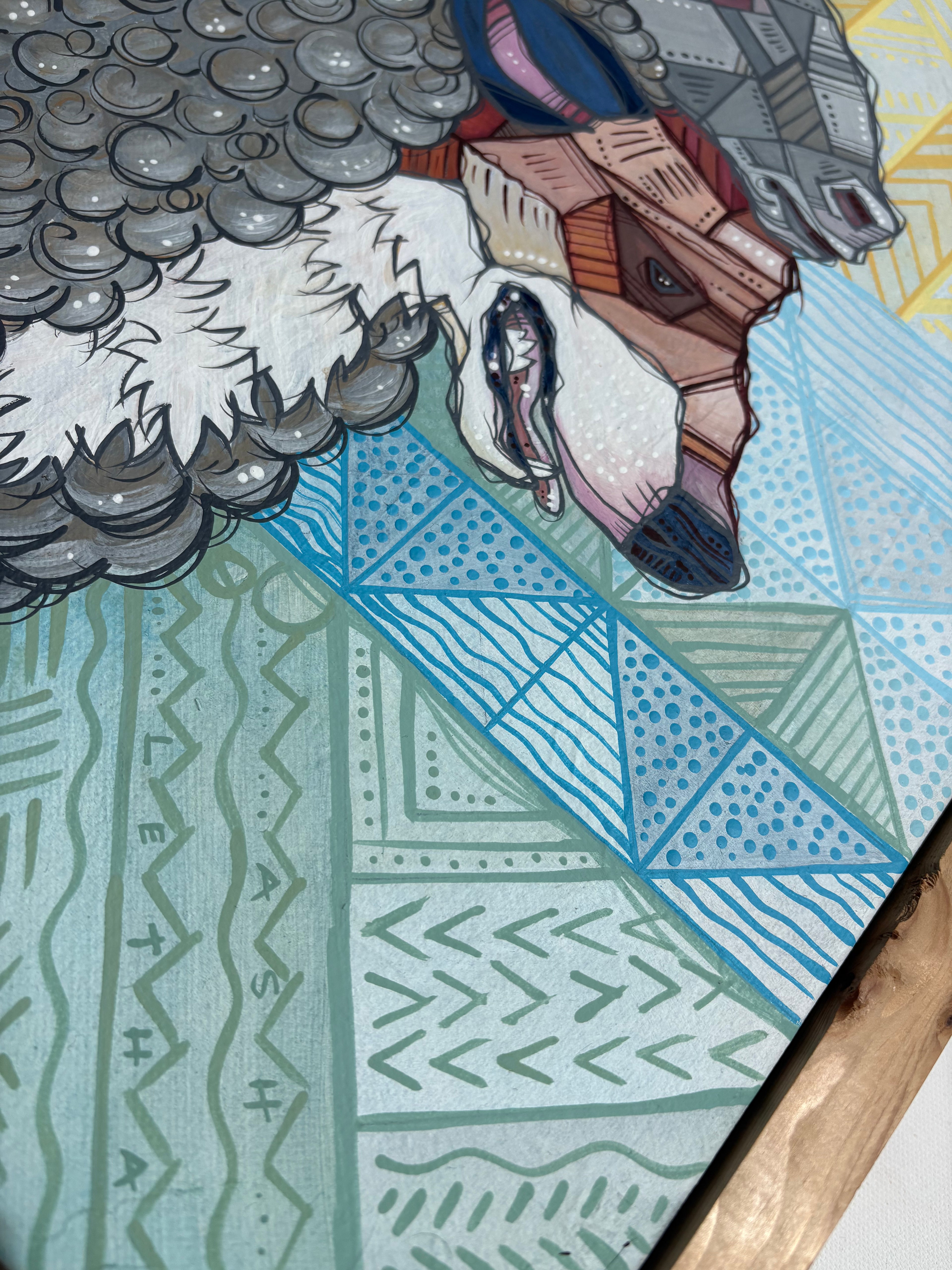 Close-up of a sheep with geometric patterns and text on a textured background