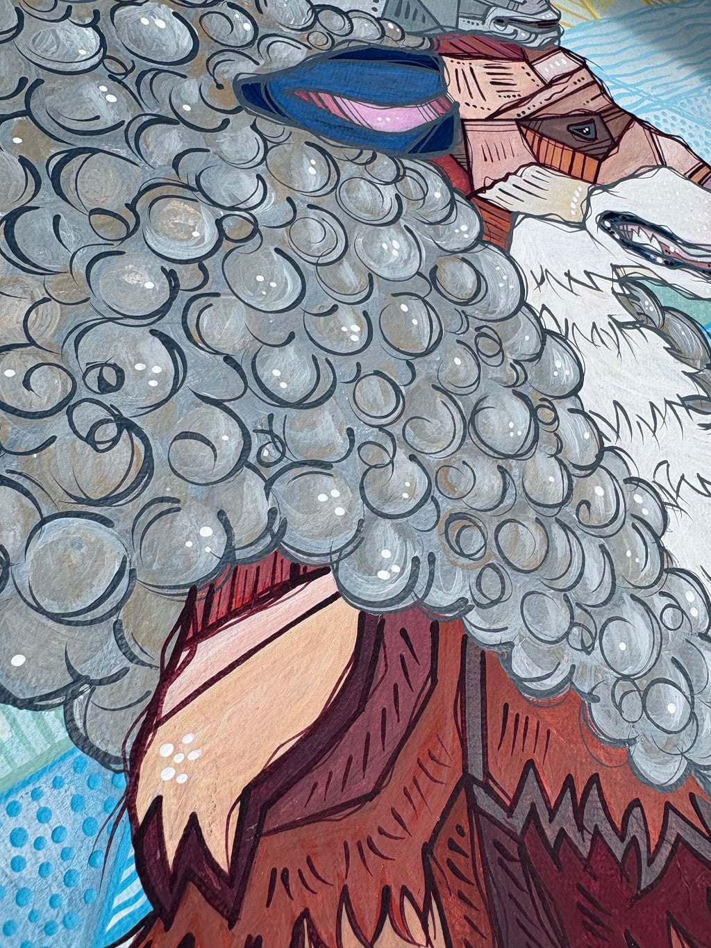 Colorful illustration of a wolf man character with a large white sheep coat and blue ear 