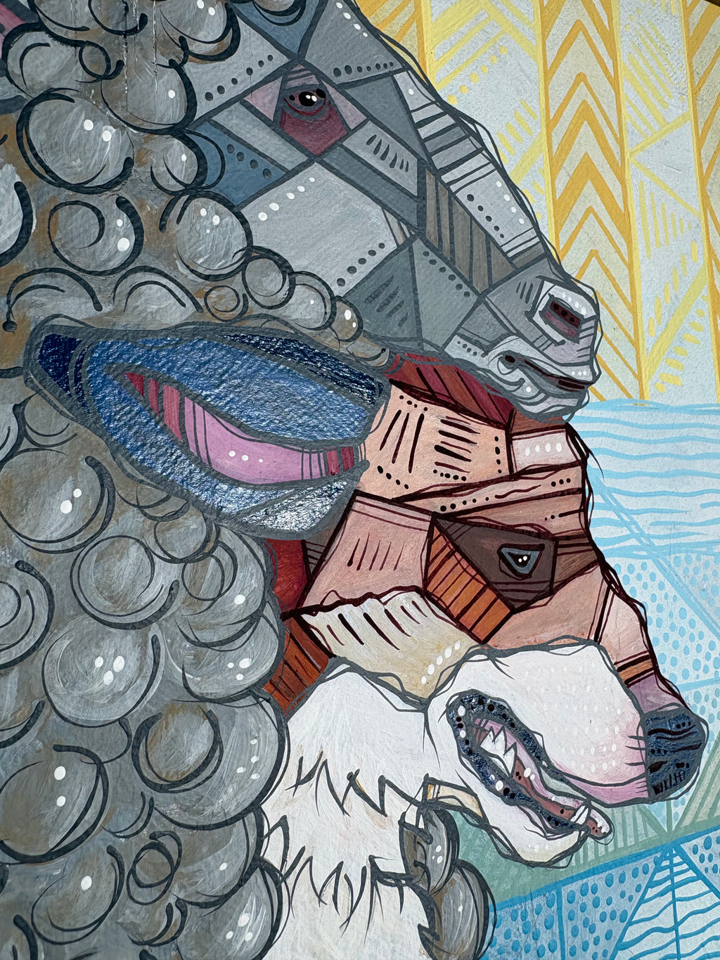 Colorful abstract illustration of a red wolf in sheep's clothing with geometric patterns