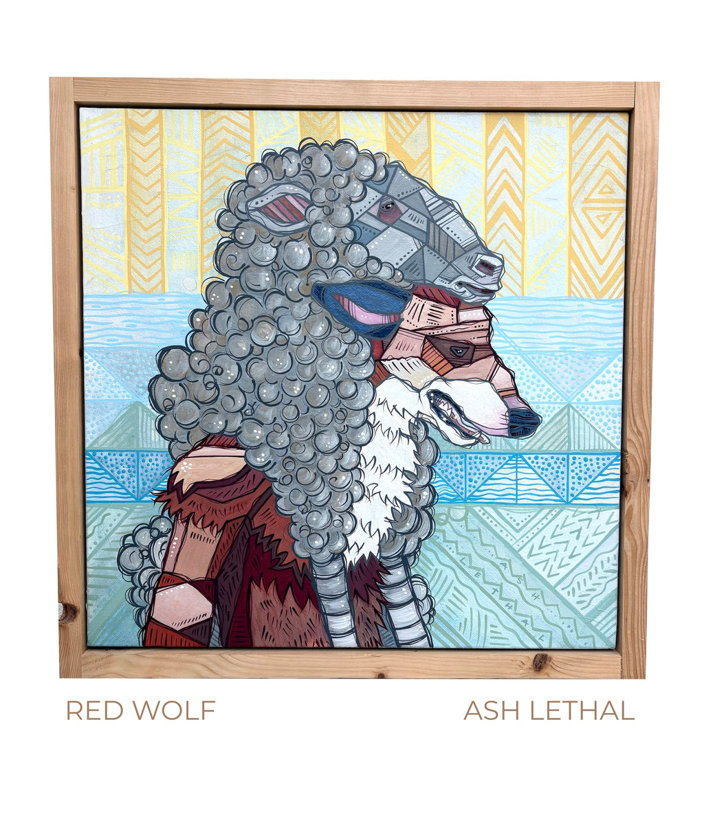 Framed artwork of a stylized wolf with geometric patterns, signed 'Ash Lethal' art painting by Ash Lethal Wolf In Sheep's Clothing 