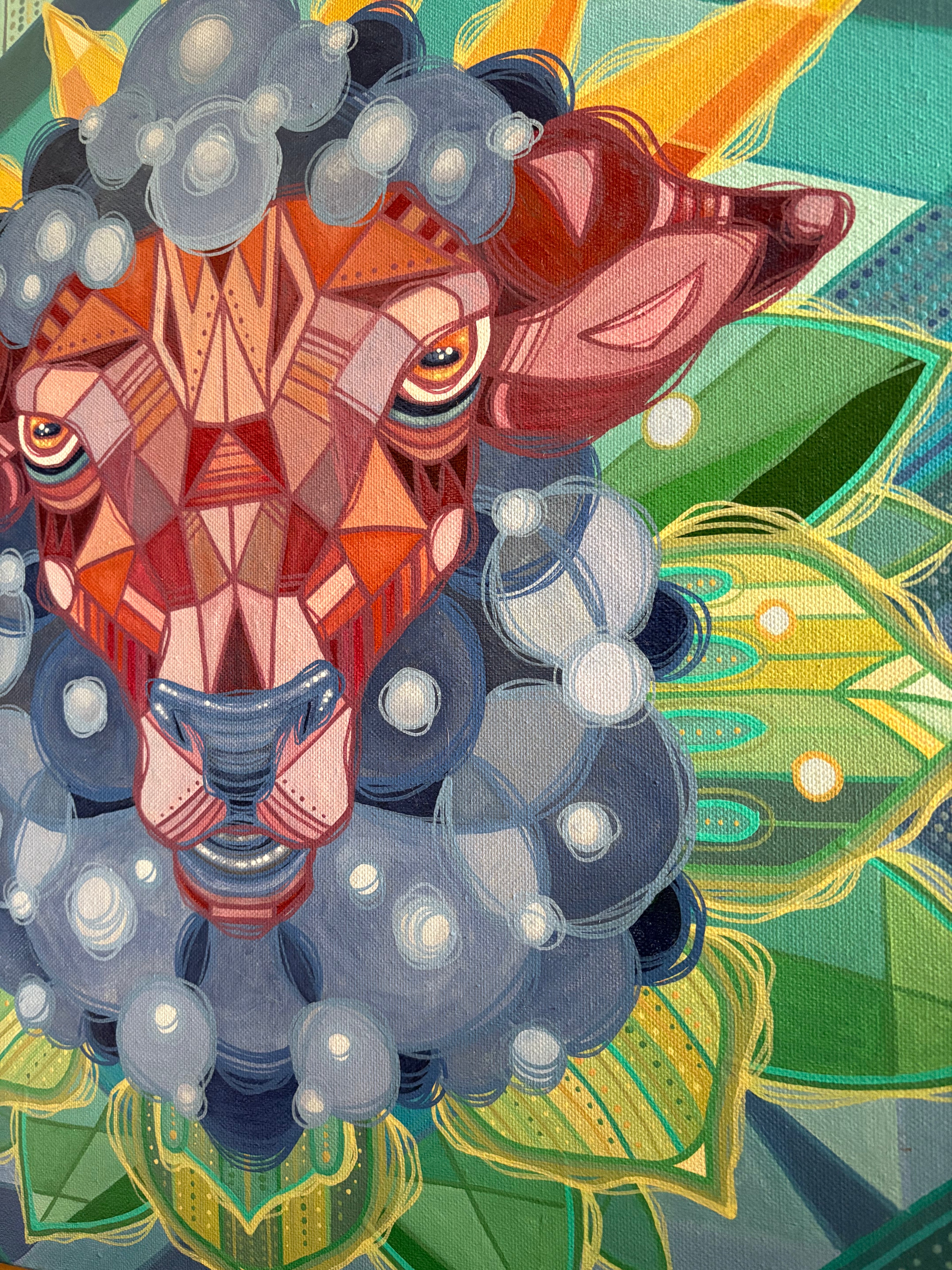 Colorful abstract art piece with a central animal-like step figure surrounded by geometric crown shapes and patterns.