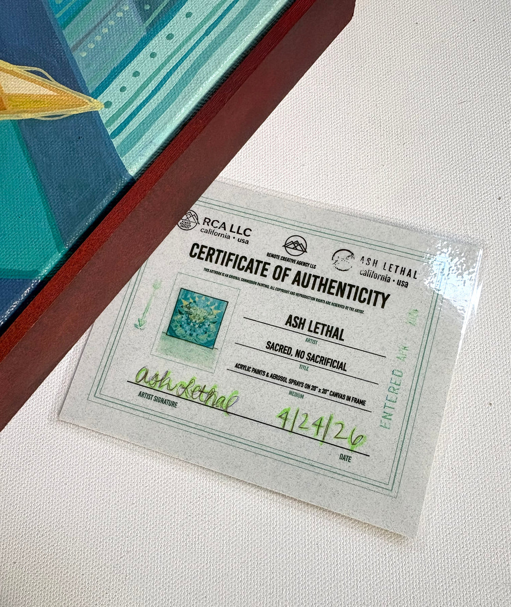 Certificate of Authenticity for an artwork by Ash Lethal on a light surface.