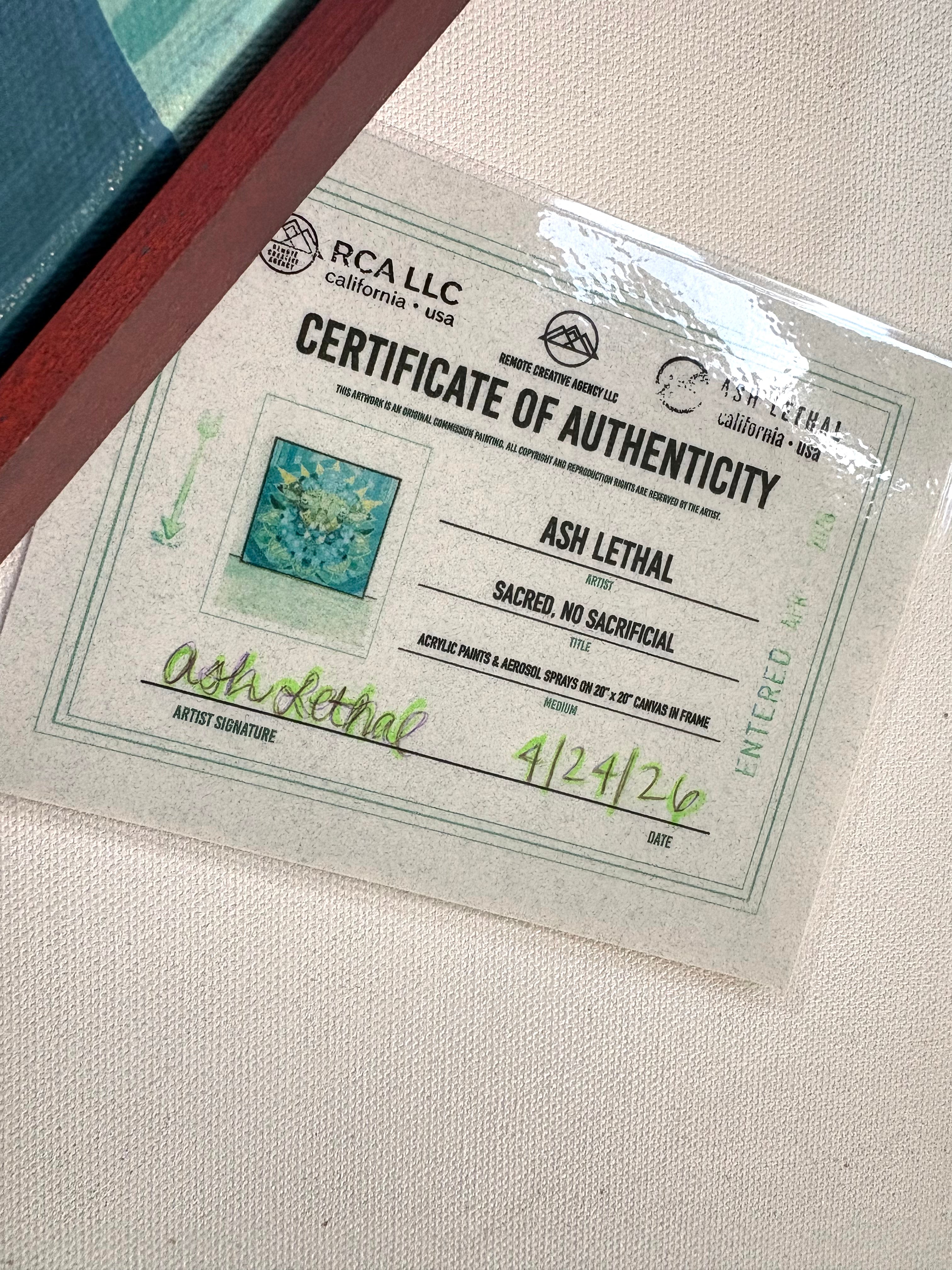 Certificate of Authenticity for an artwork by Ash Lethal on a textured surface.