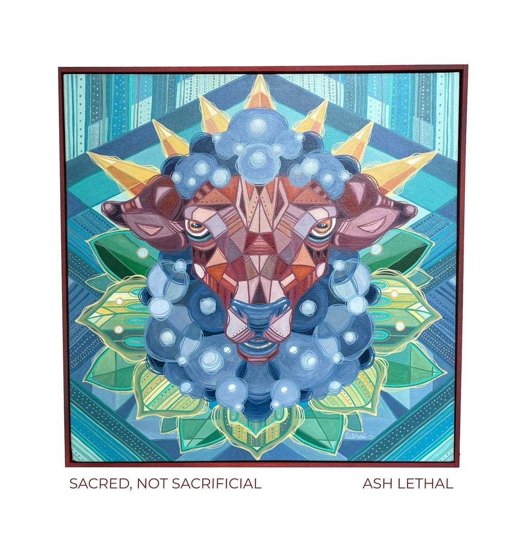 Colorful abstract art of a deer lamb sheep  head with geometric patterns on a blue and green background, featuring the text 'Sacred, Not Sacrificial' and 'Ash Lethal' painting by artist Ash Lethal Sacred Art