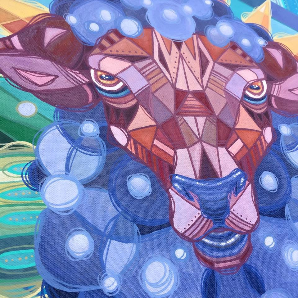 Colorful abstract artwork of a stylized sheep lamb face with geometric patterns and blue wool coat