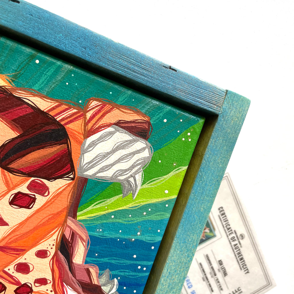 Colorful illustration of big cat leopards mouths framed with a blue wood frame