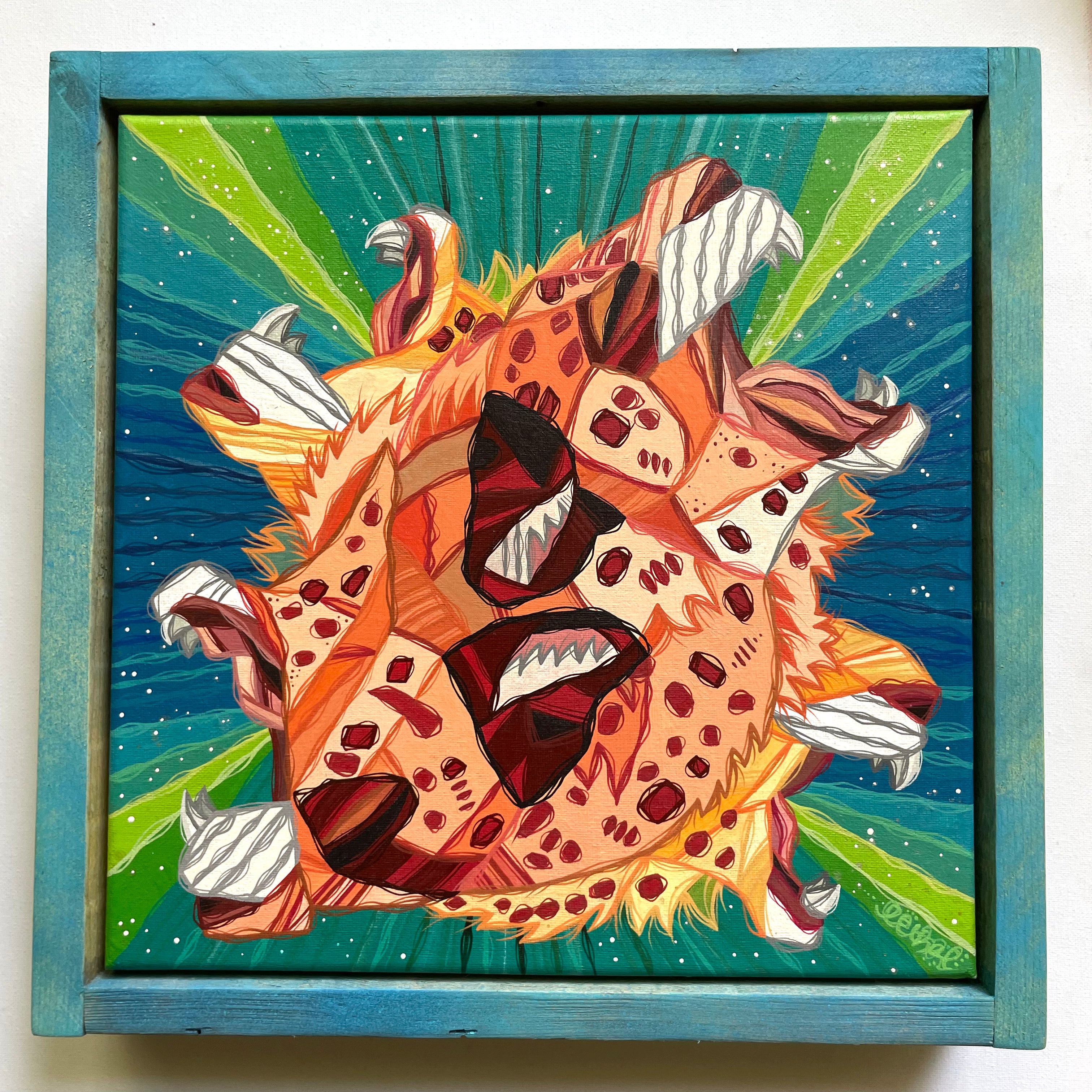 Colorful artwork of a stylized animal head with a blue frame big cat lion leopards animal print surreal heads