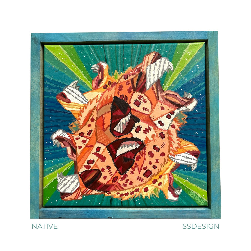 Colorful abstract artwork of surreal leopard and big cat fangs and mouths framed in stained blue wood