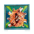 Colorful abstract artwork of surreal leopard and big cat fangs and mouths framed in stained blue wood