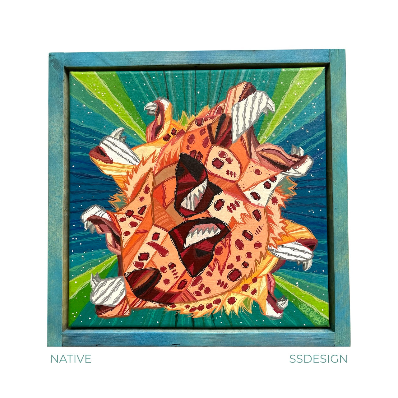 Colorful abstract artwork of surreal leopard and big cat fangs and mouths framed in stained blue wood