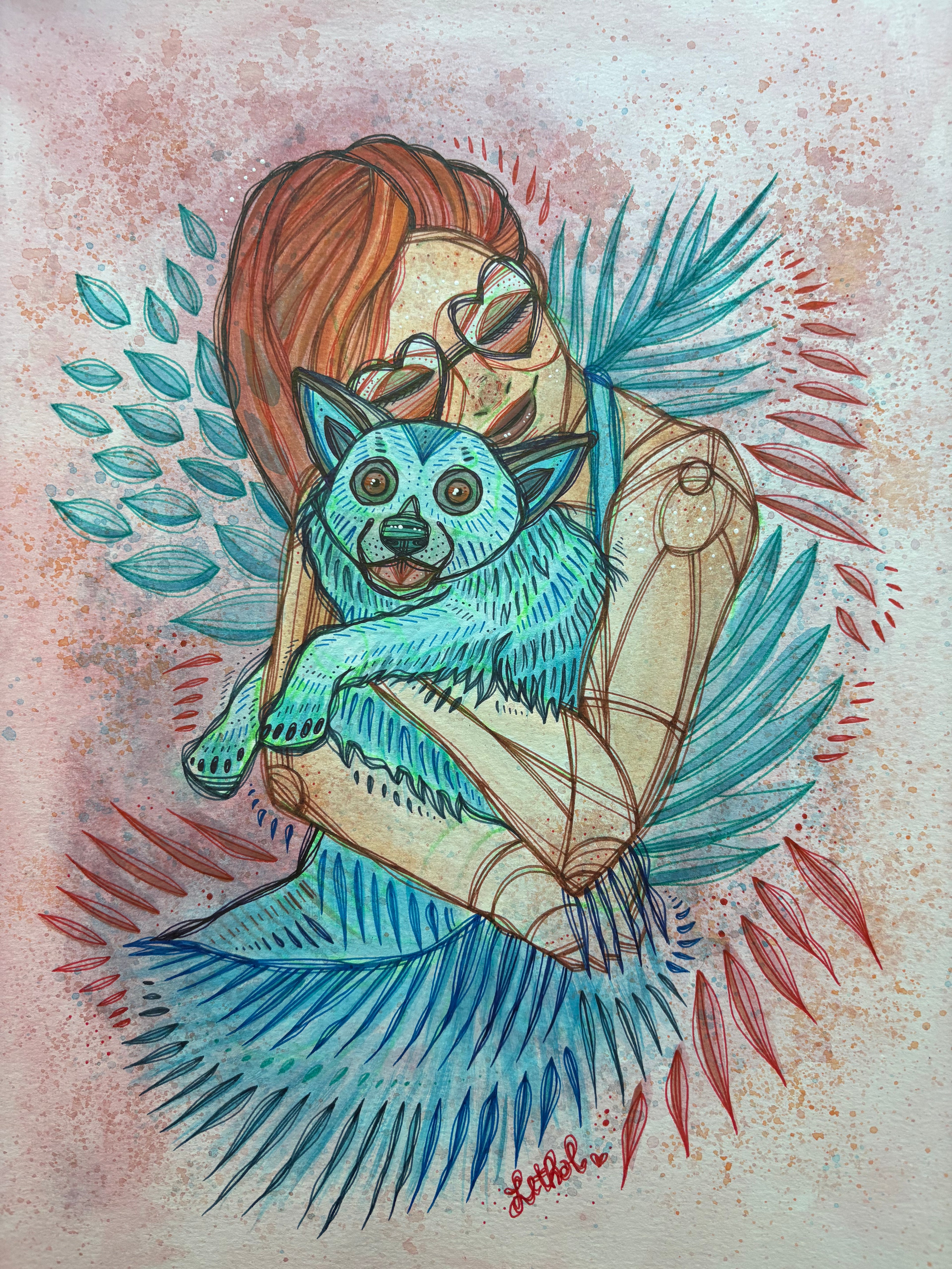 All Creatures Original Ink & Acrylic 11" x 13" Drawing on Watercolor Paper