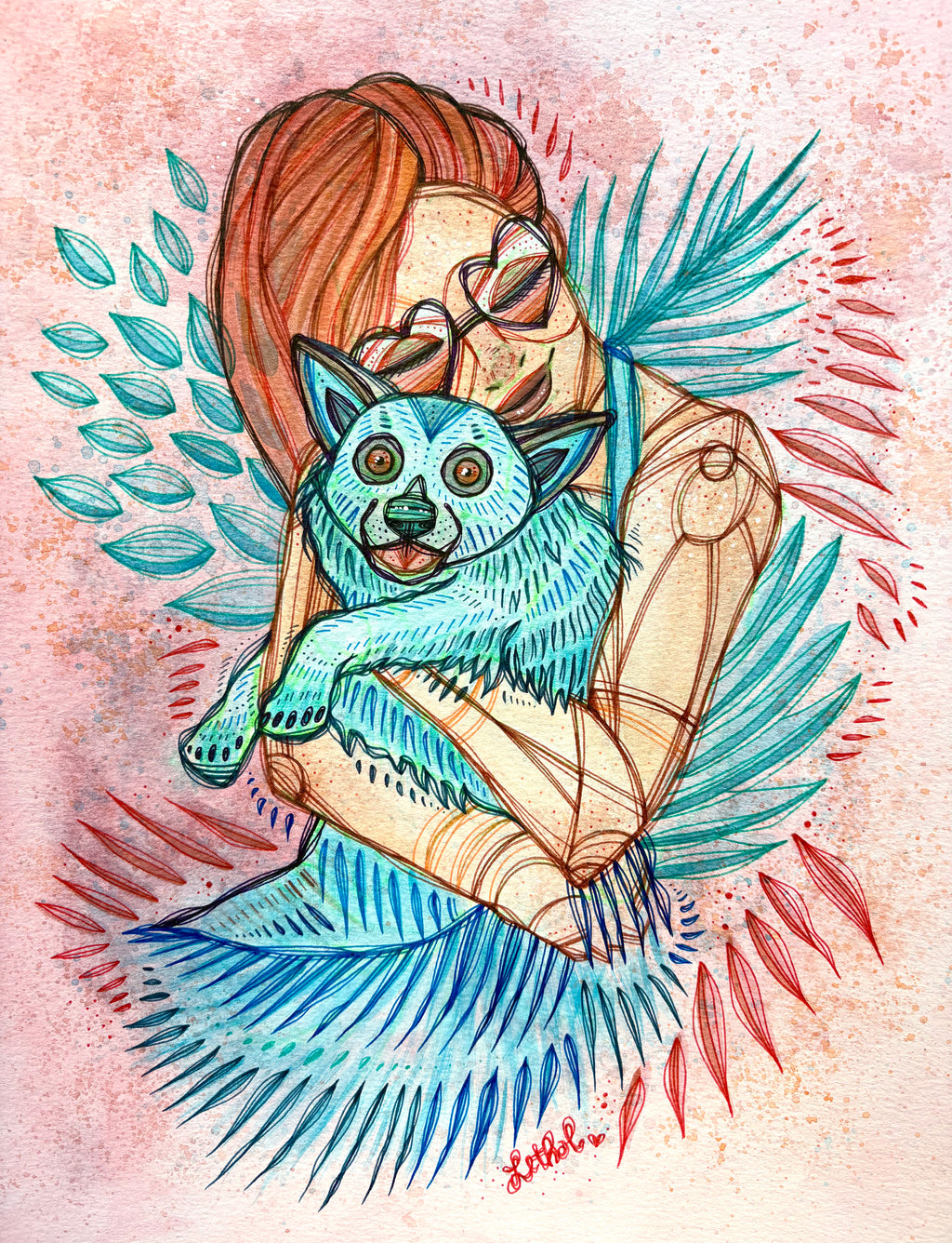 All Creatures Original Ink & Acrylic 11" x 13" Drawing on Watercolor Paper