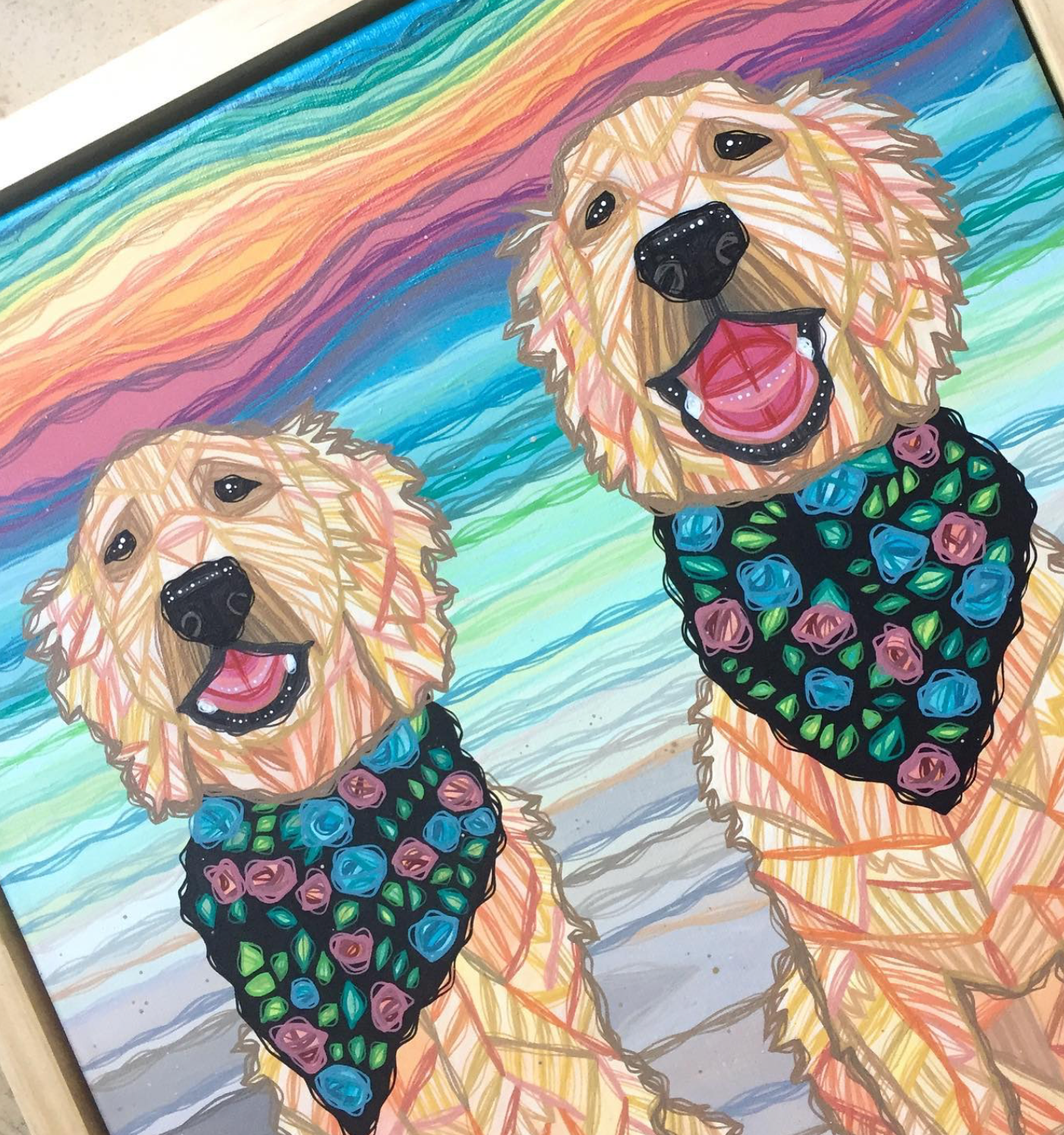 ash Lethal commission painting dog portrait Florida doddles on the beach sunset