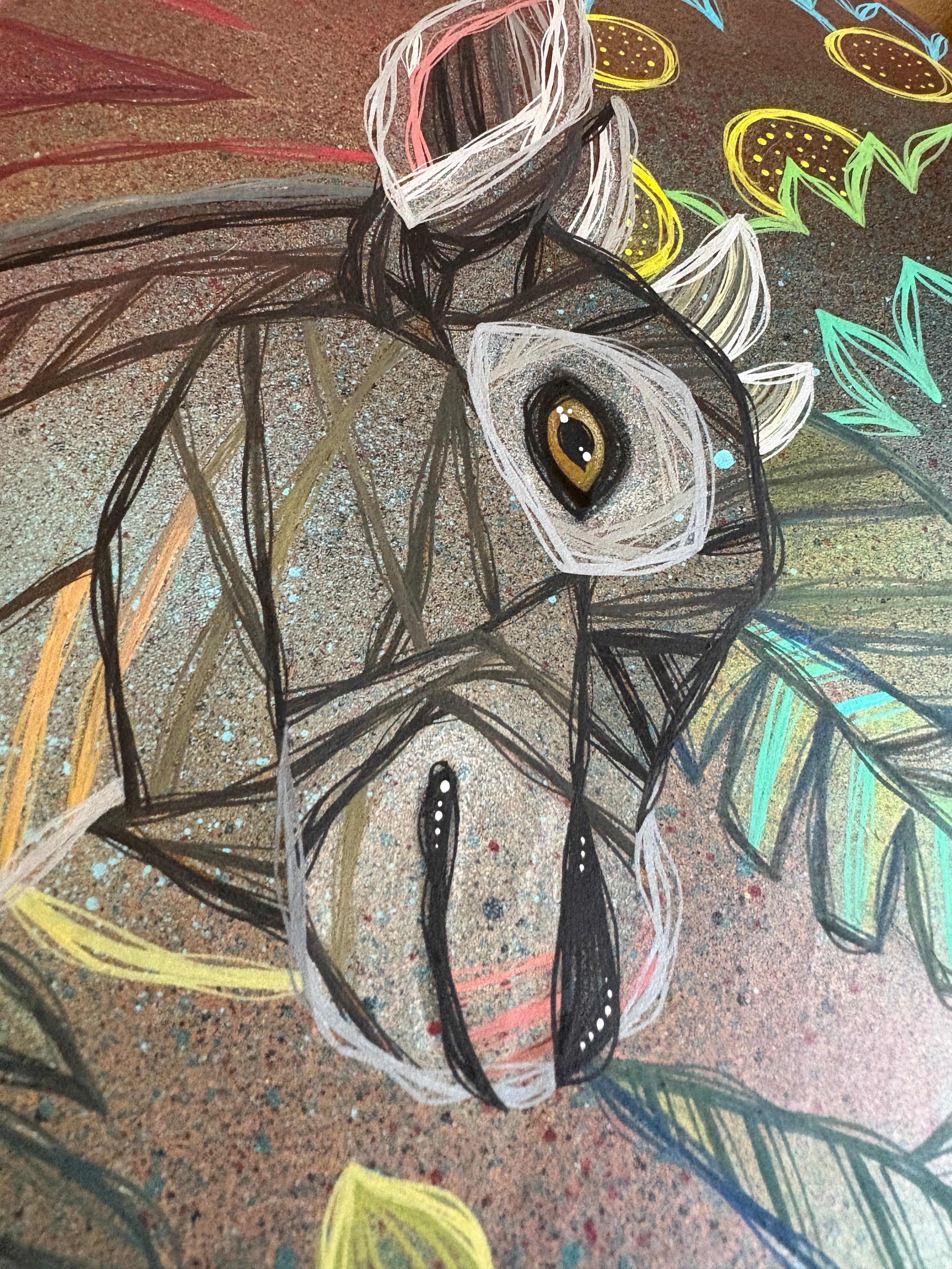 Abstract artwork with a central figure and colorful leaves in the background