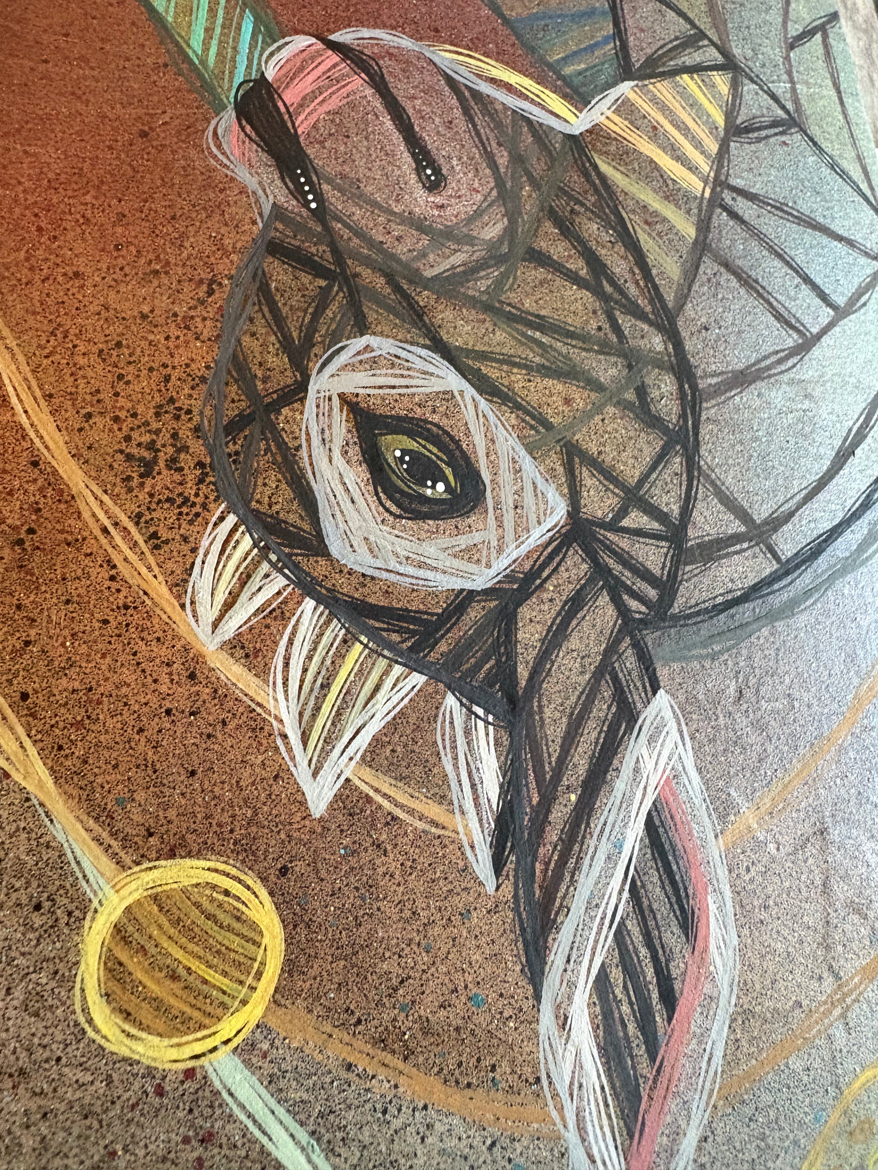 Abstract artwork with a central figure resembling a goat face on a textured background