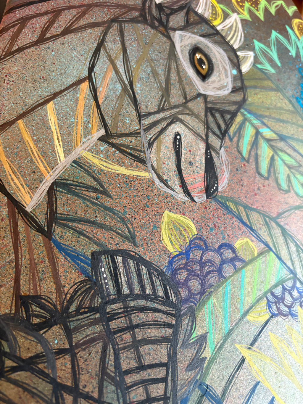Colorful abstract artwork with animal-like figure and foliage