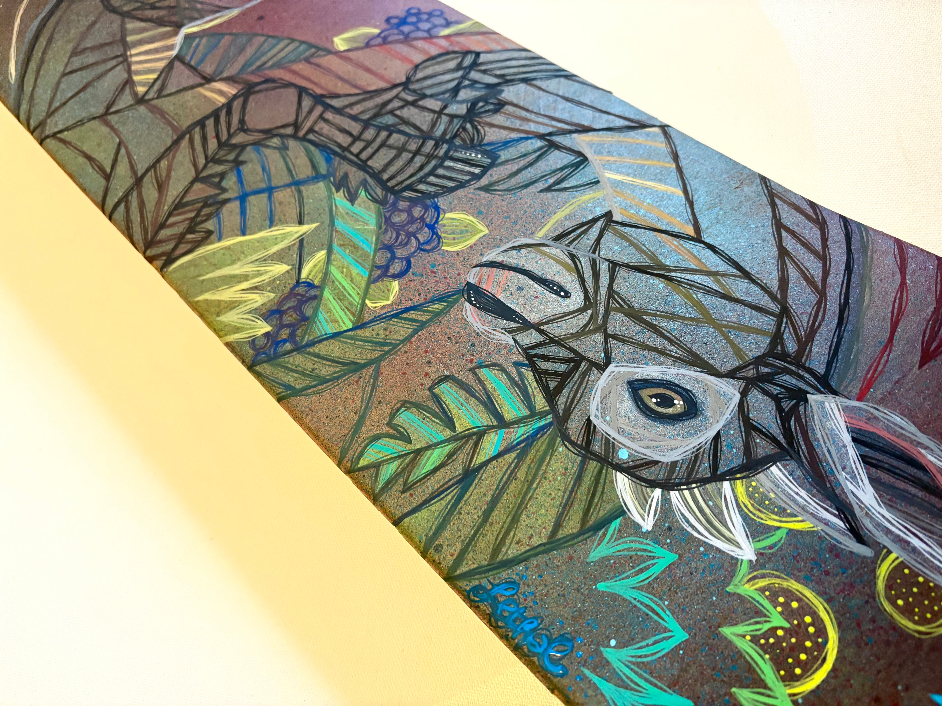 Colorful painting illustration of goats and fruits on a textured surface