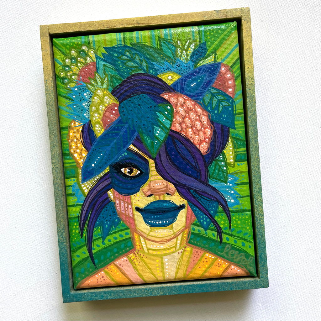 Colorful artwork of a pretty green woman art with abstract patterns on a green background