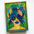 Colorful artwork of a pretty green woman art with abstract patterns on a green background