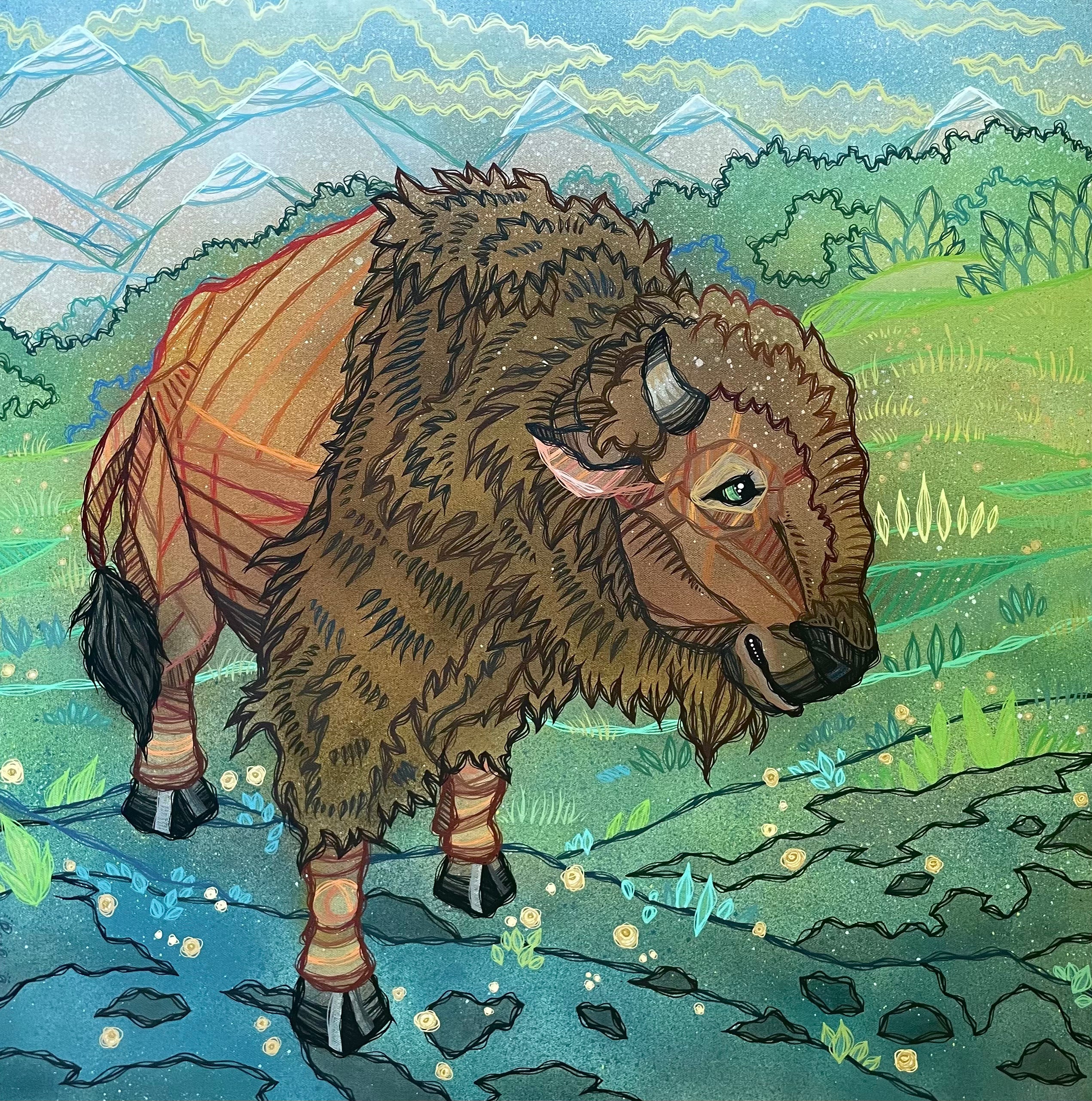 portrait painting commission example bison animal 
