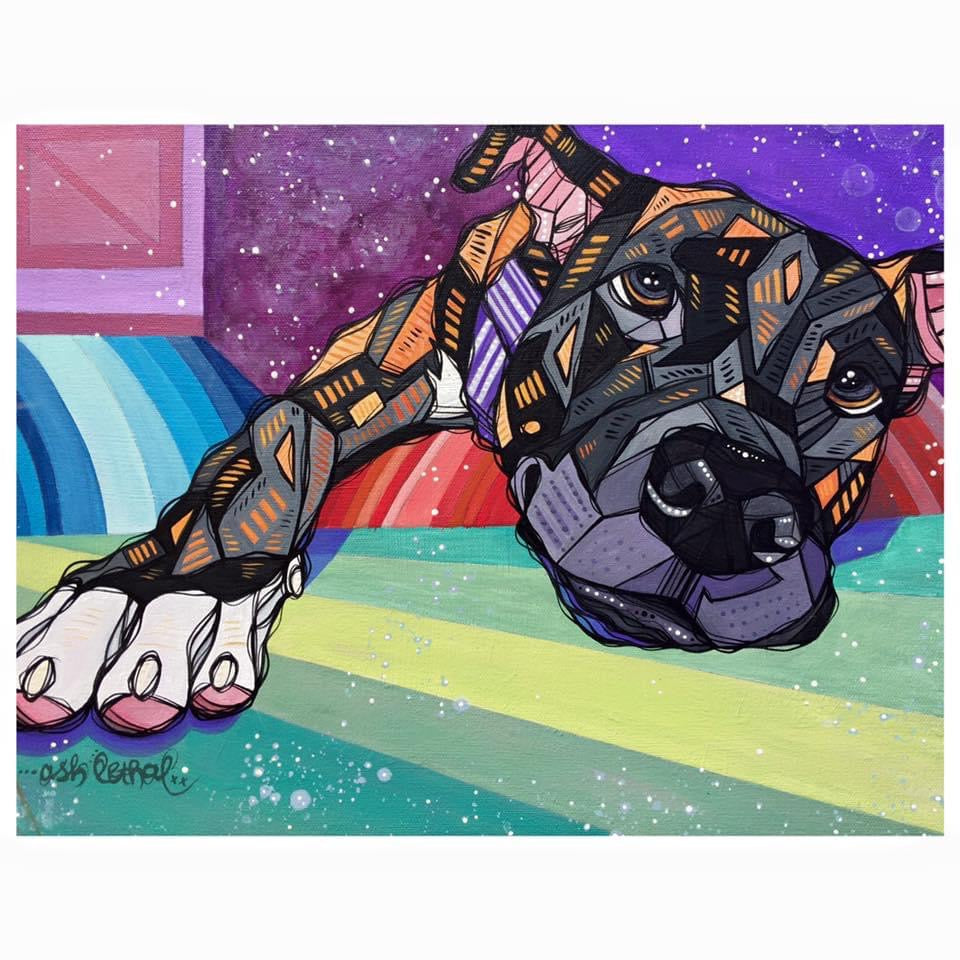 portrait painting commission example dog with rainbow background
